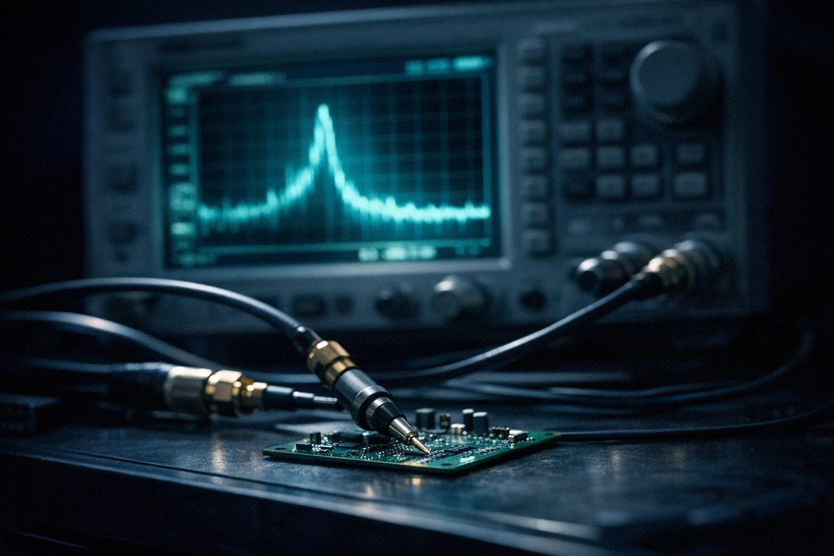 Spectrum analyser showing an emissions trace on a test bench