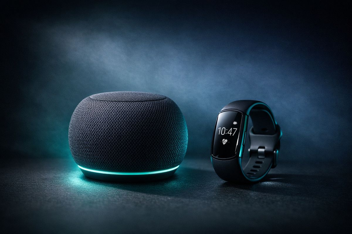 Consumer electronics devices photographed on a dark surface