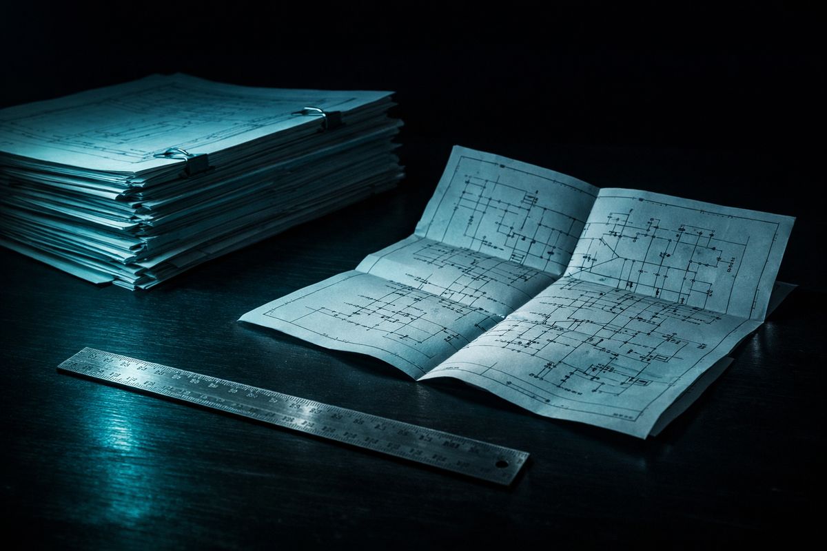 Technical documentation and a schematic on a dark desk